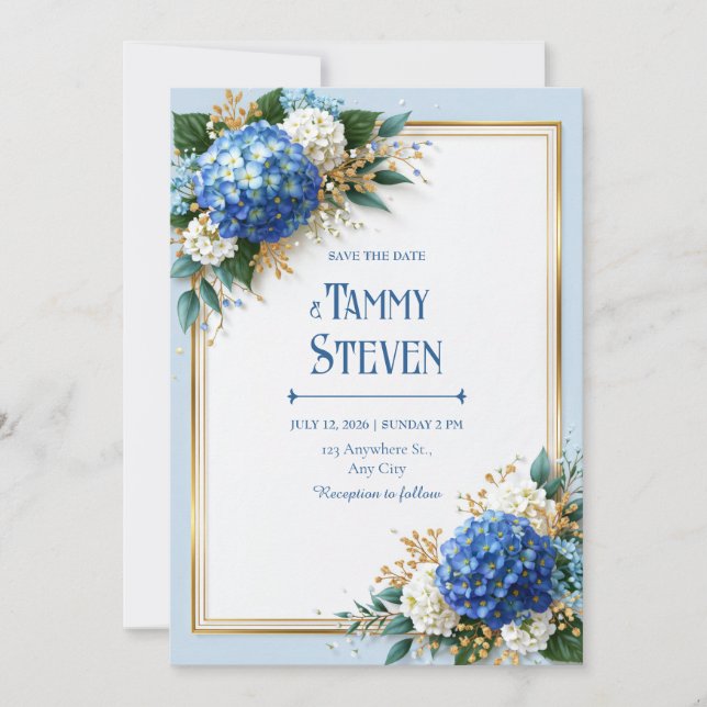Cornflower Blue Hydrangea Gold Frame Wedding Invitation (Front)