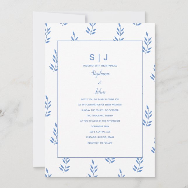 Cornflower Blue Leaf Monogram Minimal Wedding Invitation (Front)