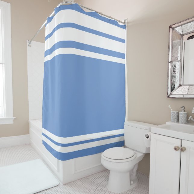 Cornflower Blue : Modern Lines in White Shower Curtain (In Situ)