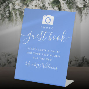 Cornflower Blue Modern Script Photo Guest Book Pedestal Sign