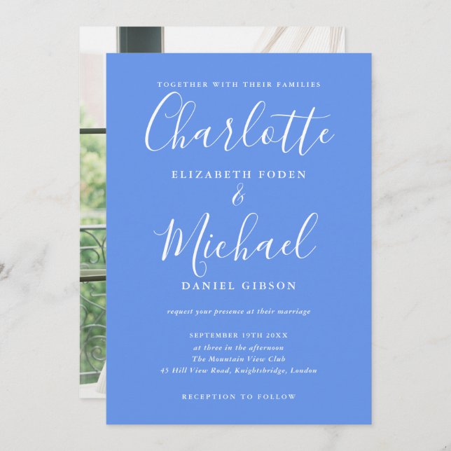 Cornflower Blue Modern Script Photo Wedding Invitation (Front/Back)