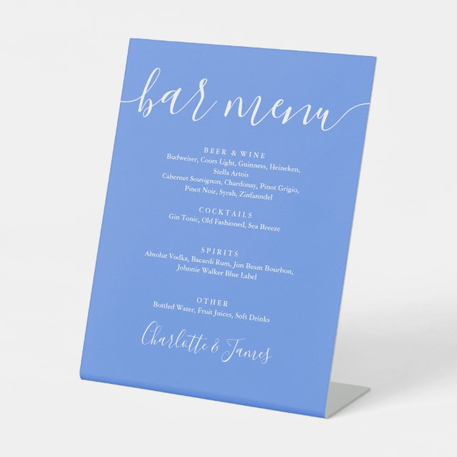 Cornflower Blue Modern Script Wedding Bar Menu Pedestal Sign (Front)