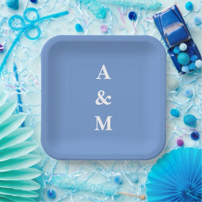 Cornflower Blue Monograms Initials Elegant Wedding Paper Plate (Party)
