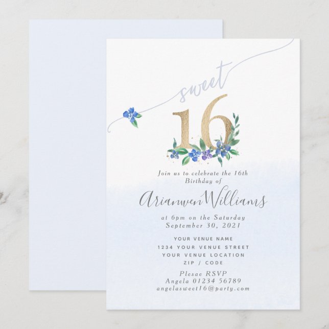 Cornflower blue Paeony Roses Invitation (Front/Back)