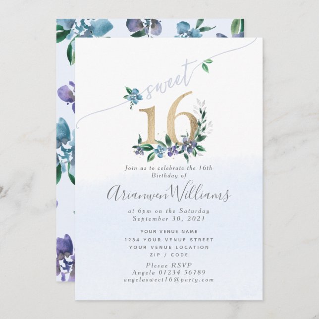 Cornflower blue Paeony Roses Invitation (Front/Back)