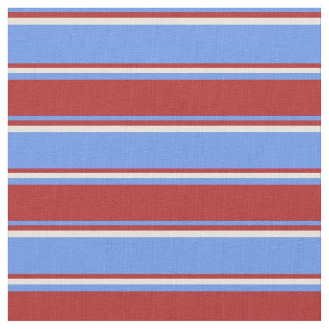 Cornflower Blue, Red, and Beige Lines Fabric (Close Up)