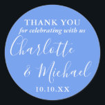 Cornflower Blue Signature Wedding Favour Thank You Classic Round Sticker<br><div class="desc">Cornflower blue signature wedding favour thank you classic round sticker featuring signature style names. Personalise with your special thank you information in chic typography. Designed by Thisisnotme©</div>