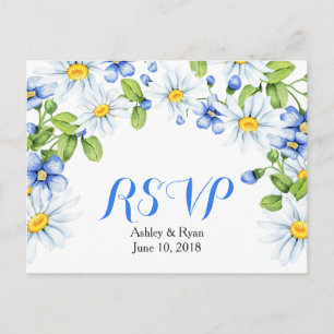 Cornflower Blue White Daisy Floral Wedding RSVP Invitation Postcard