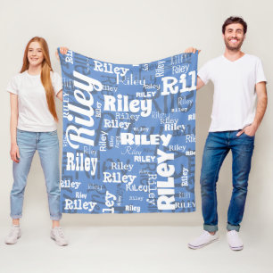 Cornflower Blue White Name Pattern Personalized Fleece Blanket