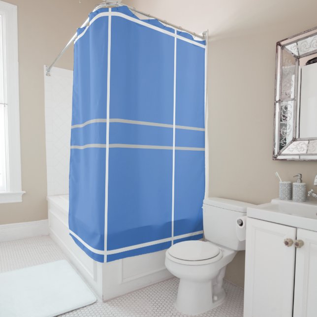 Cornflower Blue White Silver Geometric Stripes Shower Curtain (In Situ)