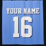 Cornflower Blue White Sports Jersey Team Jersey Shower Curtain<br><div class="desc">Preppy Solid Colour Team Jersey / Sports Jersey / Football Jersey / Rugby Jersey with Custom Name Customise this with your own name or team name and a number. You can change the size, colour and placement of the text if you need to make changes, change the colour of or...</div>