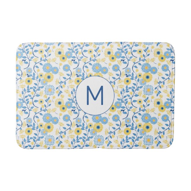 Cornflower Blue Yellow Floral Pattern Monogram Bath Mat (Front)