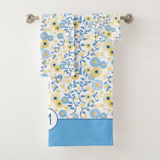 Cornflower Blue Yellow Floral Pattern Monogram Bath Towel Set (Insitu)