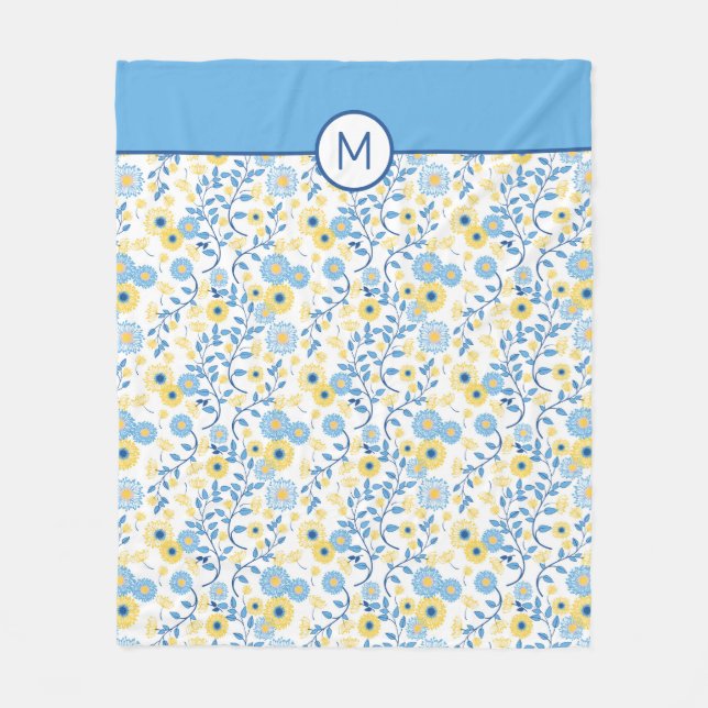 Cornflower Blue Yellow Floral Pattern Monogram Fleece Blanket (Front)