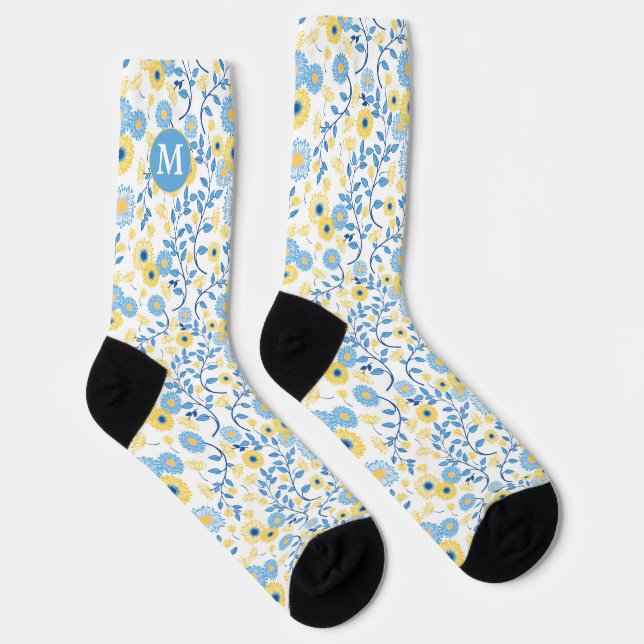 Cornflower Blue Yellow Floral Pattern Monogram Socks (Right)