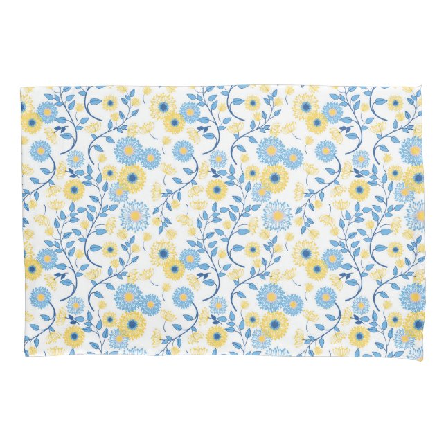 Cornflower Blue Yellow Floral Pattern Pillowcase (Front)