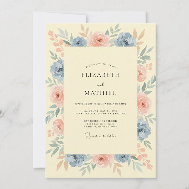Cornflower Blush Peach Peony Wedding Invitation (Front)