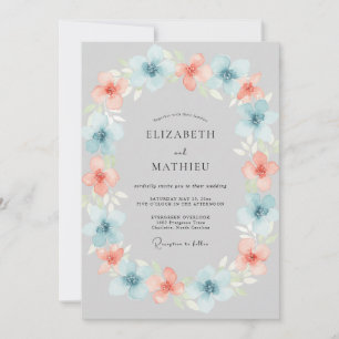 Cornflower Blush Peach Wreath Wedding Invitation
