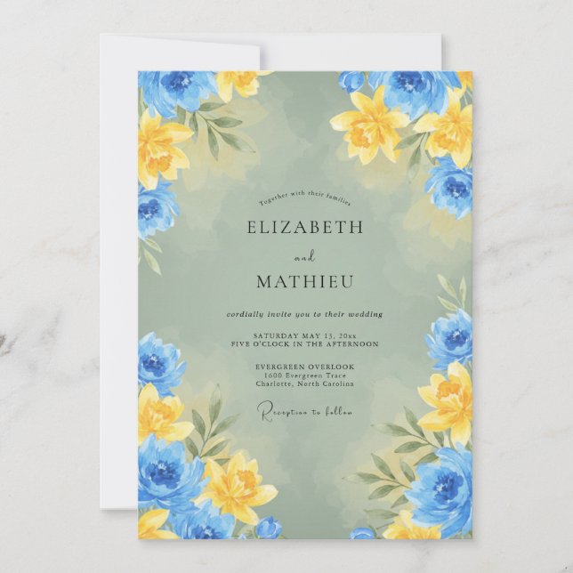 Cornflower Canary Ranunculus Eucalyptus Wedding Invitation (Front)