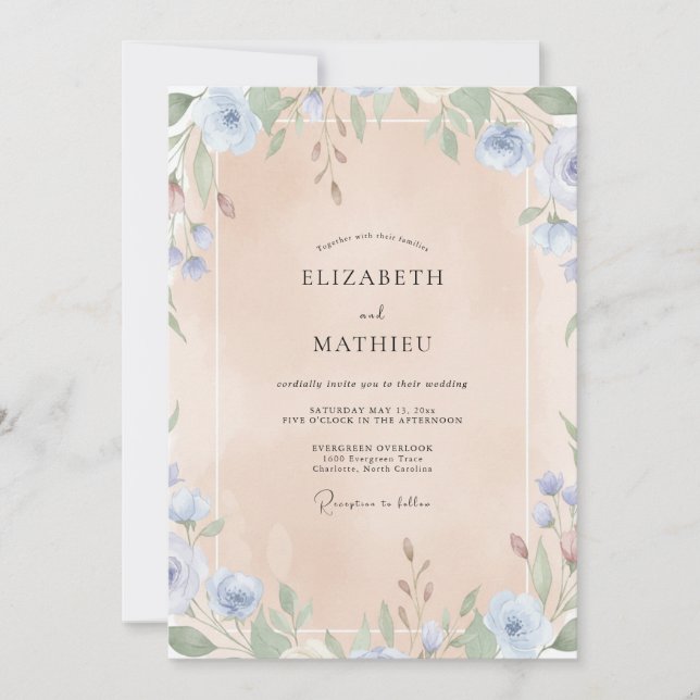 Cornflower Champagne Leafy Wedding Invitation (Front)