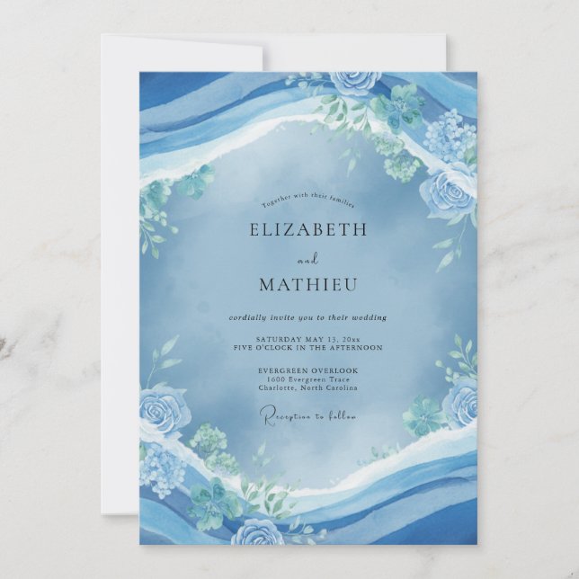 Cornflower Coastal Wave Soft Eucalyptus Wedding Invitation (Front)
