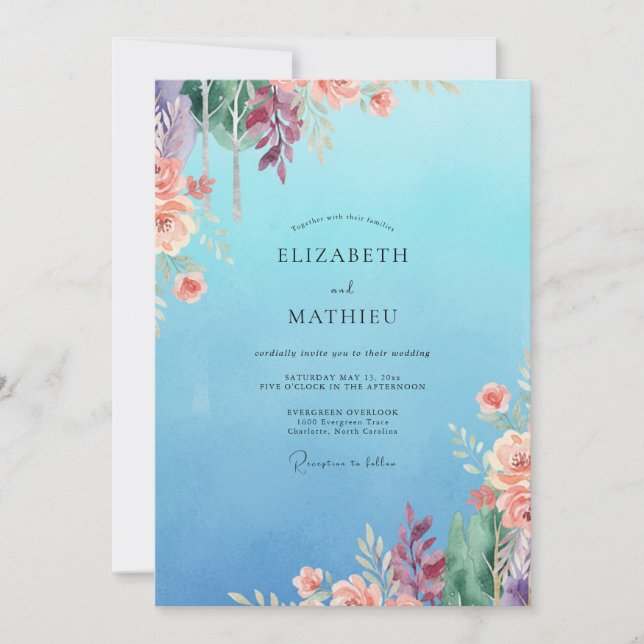 Cornflower Coral Bloom Wedding Invitation (Front)