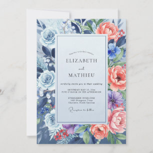 Cornflower Coral Foliage Eucalyptus Wedding Invitation