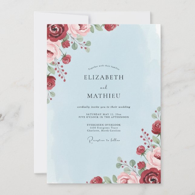 Cornflower Crimson Peony Wedding Invitation (Front)