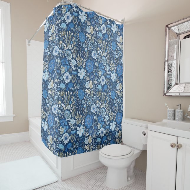 cornflower floral blues pattern shower curtain (In Situ)