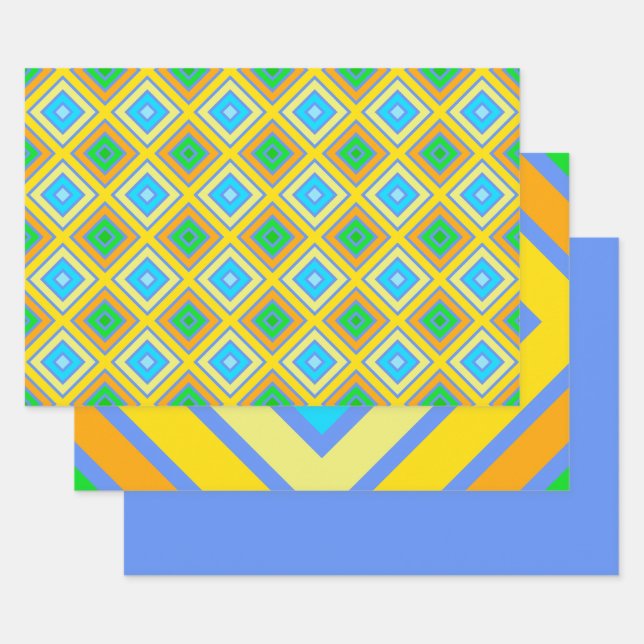 Cornflower Harmonious Colours Angled Line Art Wrapping Paper Sheet (Set)