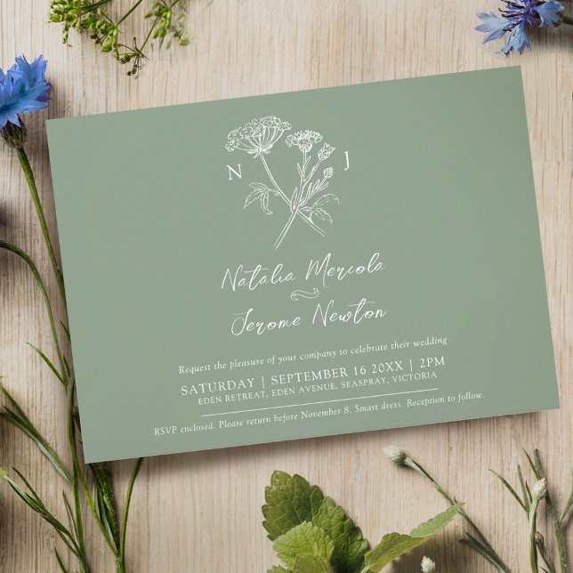 Cornflower hartwort botanical green white wedding invitation (Creator Uploaded)