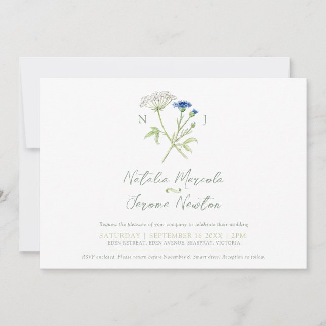 Cornflower hartwort botanical white green wedding invitation (Front)