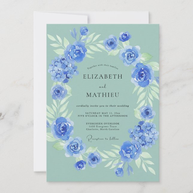Cornflower Mint Wreath Wedding Invitation (Front)