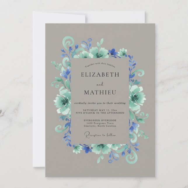 Cornflower Seafoam Wreath Wedding Invitation (Front)