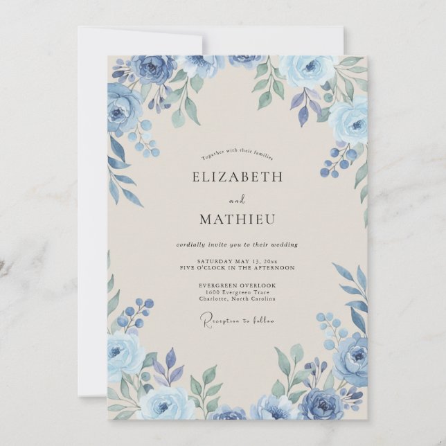 Cornflower Steel Foliage Eucalyptus Wedding Invitation (Front)