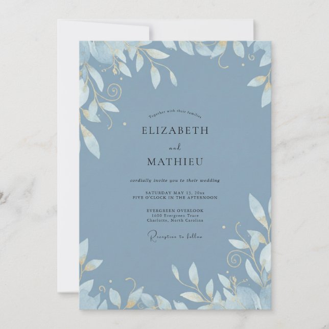 Cornflower Steel Foliage Soft Eucalyptus Wedding Invitation (Front)