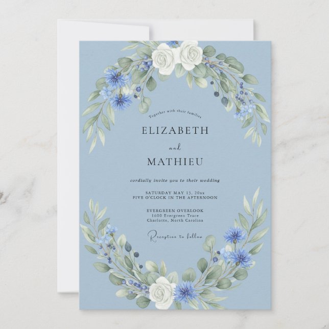 Cornflower Steel Wreath Wedding Invitation (Front)