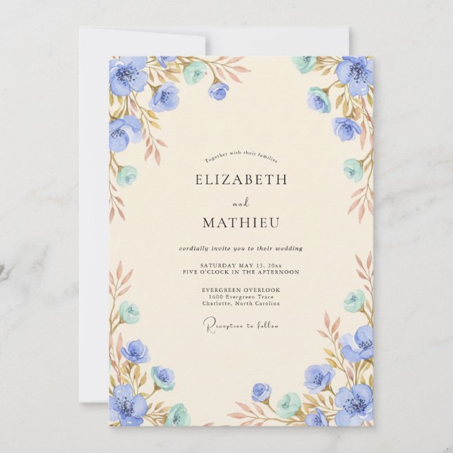 Cornflower Warm Gold Leafy Wedding Invitation (Front)
