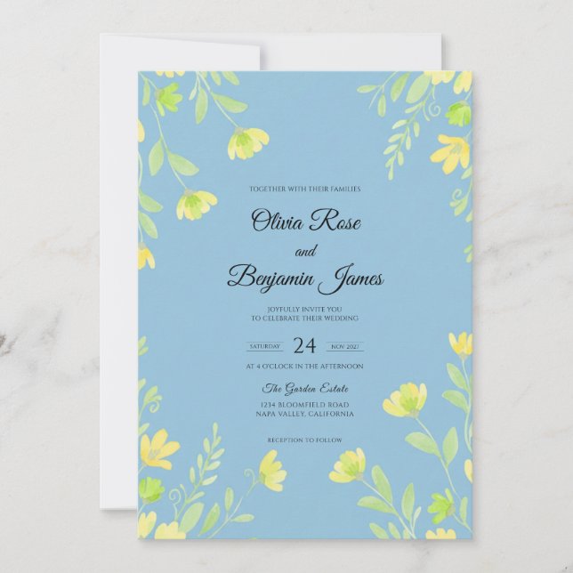 Cornflower Yellow Leaf Wedding Invitation (Front)