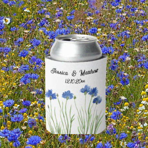 Cornflowers Blue floral Watercolor Weddings Can Cooler