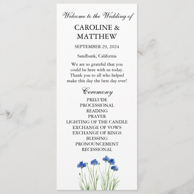 Cornflowers Blue Floral Wildflower Wedding  Programme (Front)