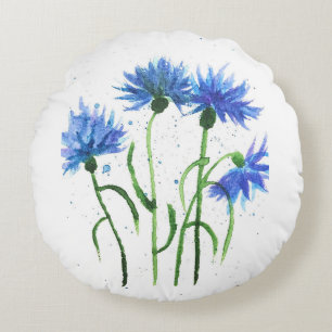 Cornflowers blue flowers watercolor Summer Trendy Round Cushion