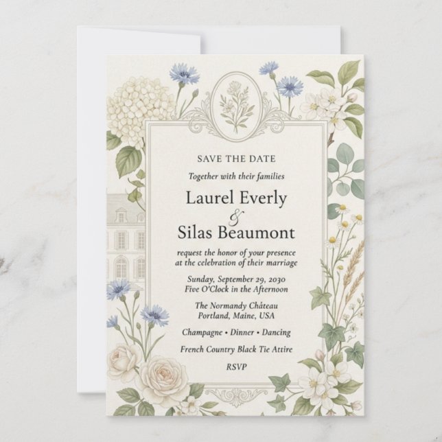 Cornflowers, Hydrangeas, Neutral Roses, Chamomile, Invitation (Front)