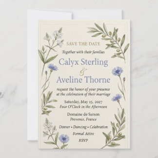 Cornflowers, Olive Branches, White Blossoms, Borde Invitation