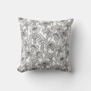 Cornflowers, wild flowers in black and white cushion