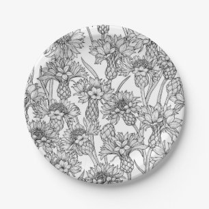Cornflowers, wild flowers in black and white paper plate