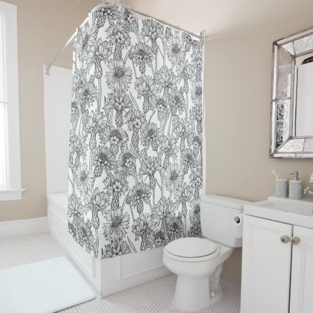 Cornflowers, wild flowers in black and white shower curtain (In Situ)