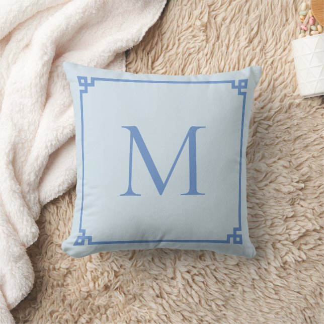 Cornflowre Blue Greek Key Border Monogrammed Cushion (Blanket)
