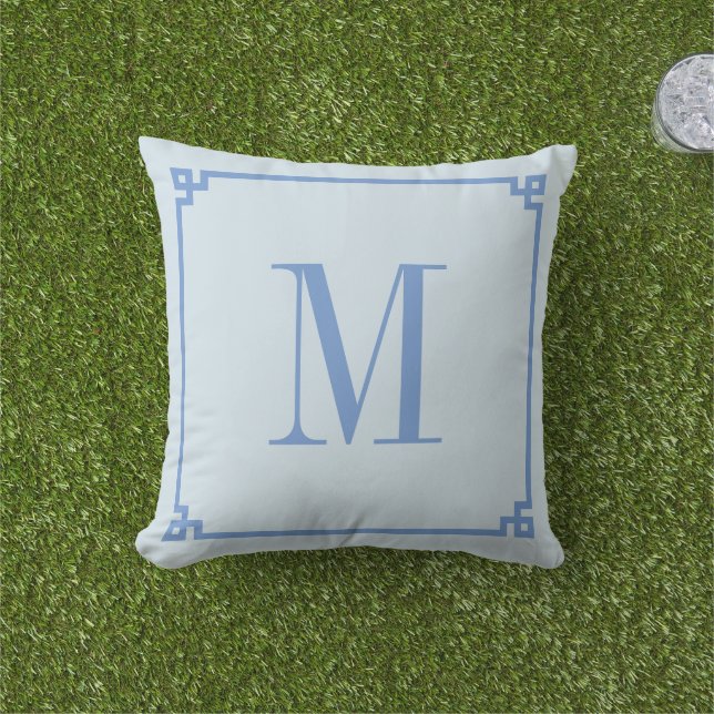Cornflowre Blue Greek Key Border Monogrammed Cushion (Grass)