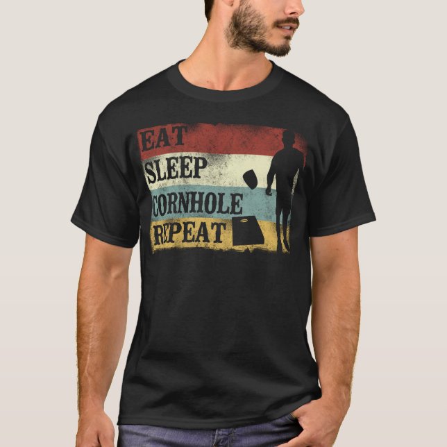 Cornhole Bean Bag Eat Sleep Cornhole Repeat Retro T-Shirt (Front)